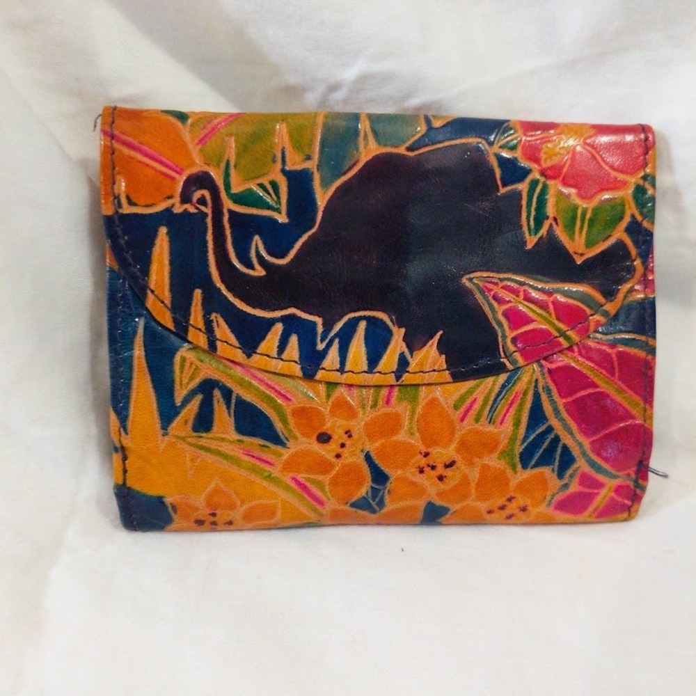 Vintage Hand Painted Leather Trifold Wallet Tropical Elephant Floral Multi Color